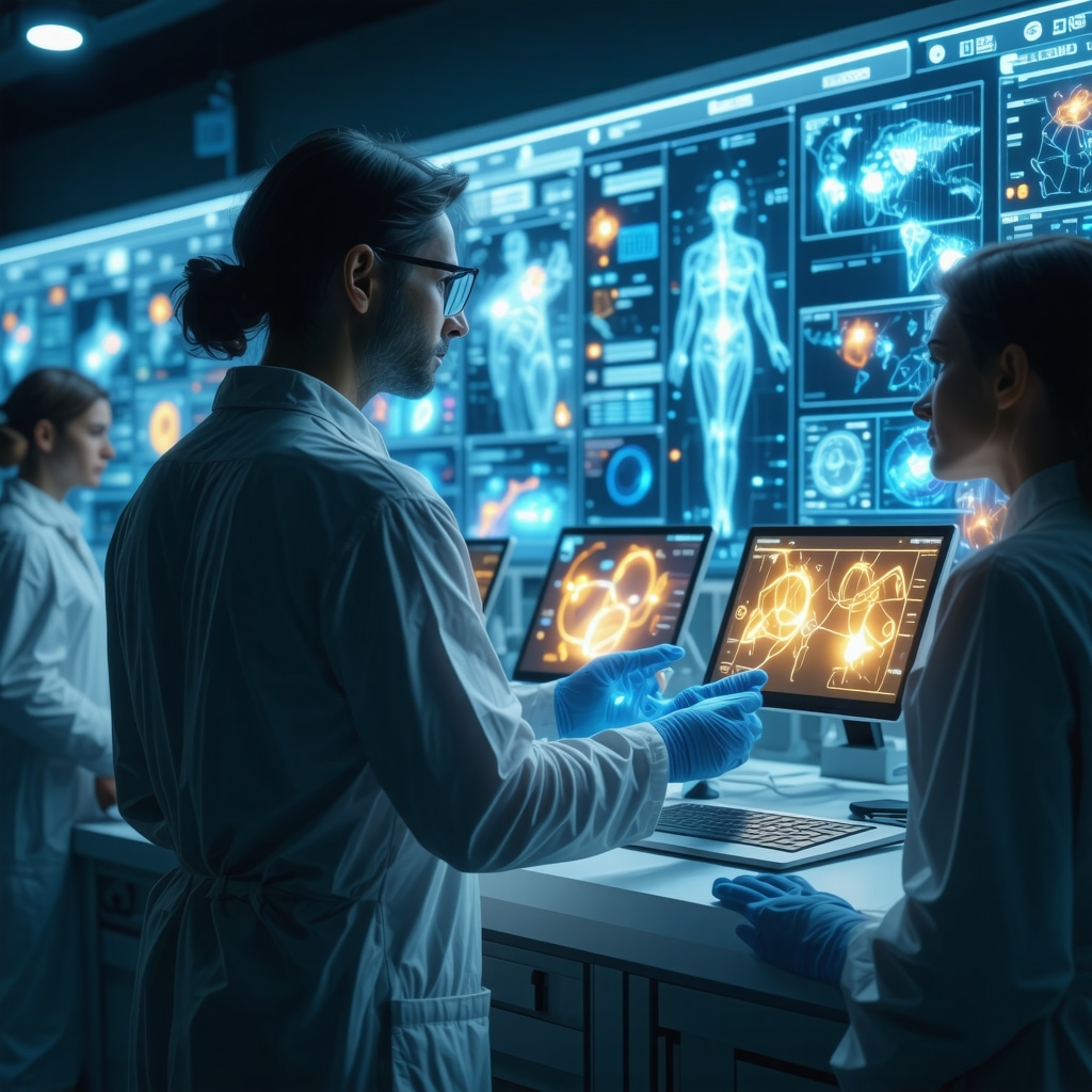 Futuristic medical consultation with genetic testing and digital health devices.