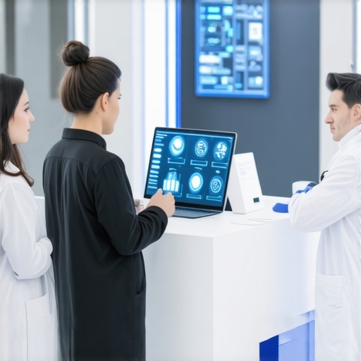 Futuristic medical clinic with advanced weight-loss technology and healthcare professionals.