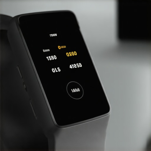 A futuristic wearable device showing health metrics on a digital display in a modern setting
