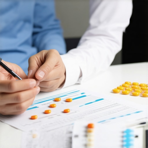 A person discussing weight loss options with a doctor, analyzing medical data and prescriptions.