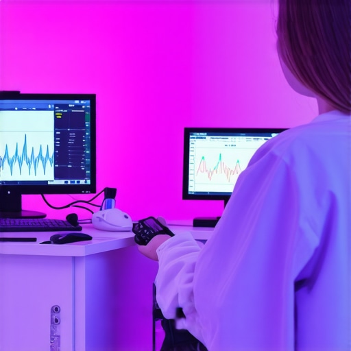 Healthcare professional reviewing digital health data and genetic profiles in a modern clinic setting.