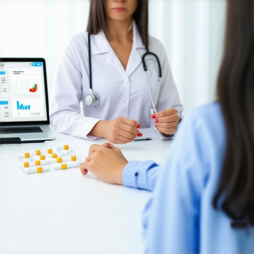 Doctor consulting patient on weight loss medications using digital tools and charts.