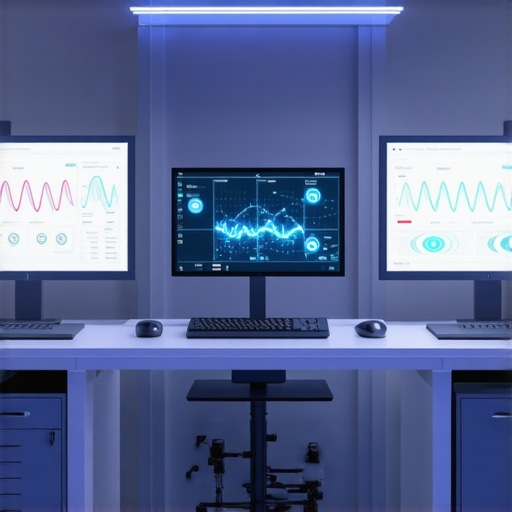 High-tech medical consultation room with genetic testing and AI analysis screens.