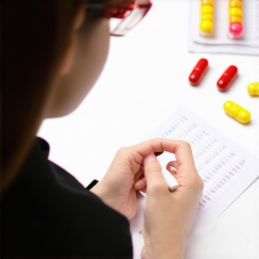 Person contemplating prescription weight loss options with charts and medication
