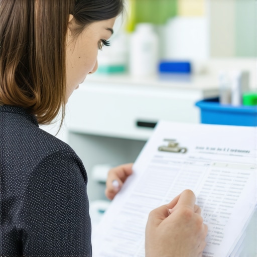 Person analyzing medical charts and medication options in a clinic.