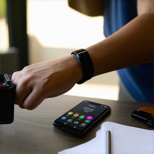 Person tracking health data on wearable device and smartphone, representing weight maintenance tools.