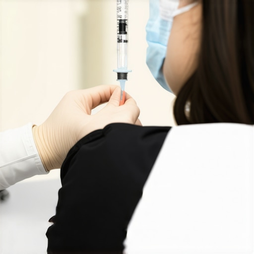 Person receiving a medical injection from a healthcare professional in a clinic