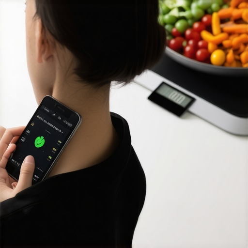 Technology Aids in Long-Term Weight Management Person tracking weight loss progress with app and digital scale, emphasizing the importance of technology in maintenance