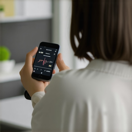 A person checking their health tracking app on a smartphone, with a wearable fitness tracker on their wrist.