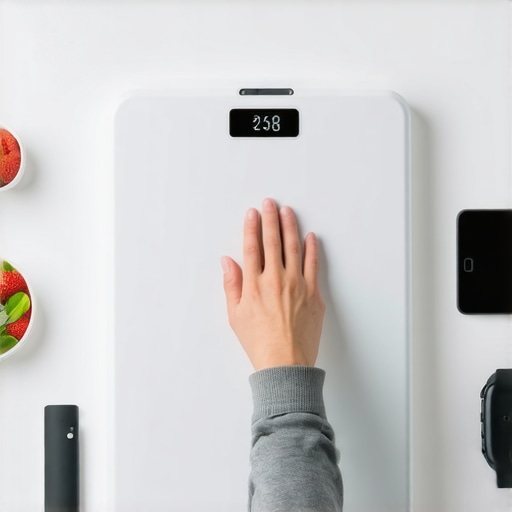 Person using smartphone and digital scales to monitor weight and diet
