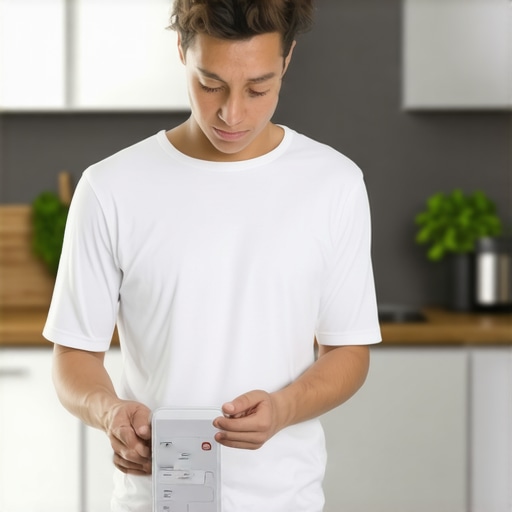 Person measuring food with a digital scale while tracking on a smartphone in a bright kitchen