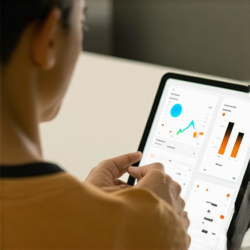 Person standing on a smart body analysis scale while viewing health data on a tablet.