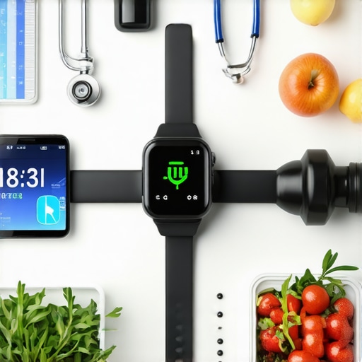 Collection of weight management tools including a digital scale, fitness tracker, diet app, and virtual consultation with a doctor.