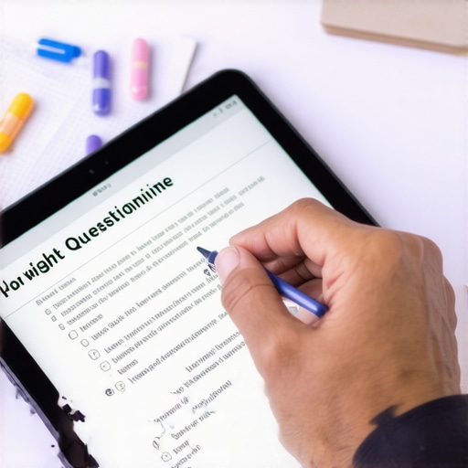 Individual reviewing health documents and BMI calculator for weight loss treatment approval.