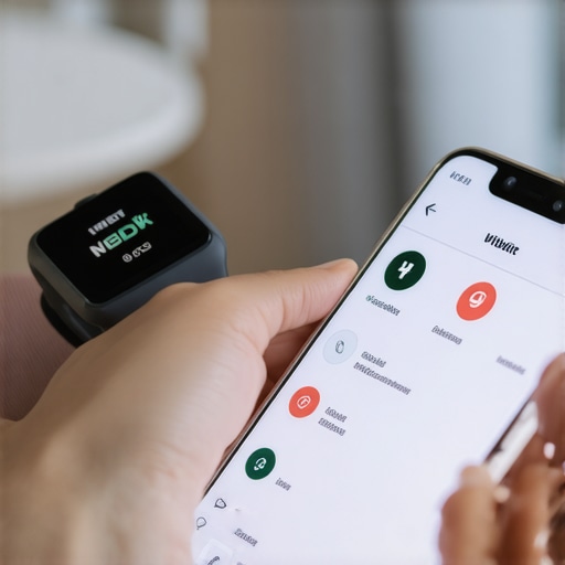 Person monitoring health data on Fitbit and smartphone to stay on track with weight loss