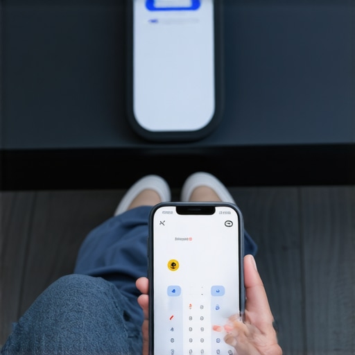 Person weighing themselves with a smart scale and recording data on a smartphone app.