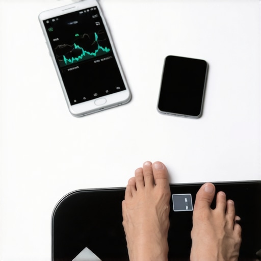 Person using a smartphone and smart scale to monitor weight and activity levels