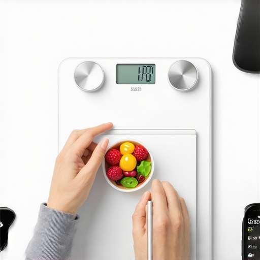 Digital tools for weight loss maintenance Person logging food and health metrics on a tablet with wearable devices