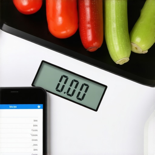 Essential Tools for Weight Loss Maintenance Digital food scale next to a smartphone with a nutrition tracking app open