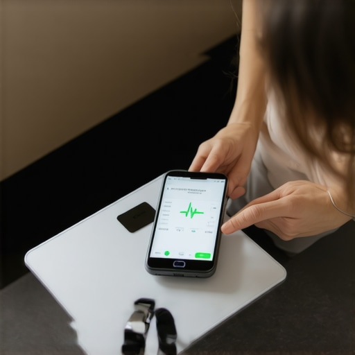 A person weighing themselves with a digital scale and tracking activity with a fitness wearable in a modern home setting.