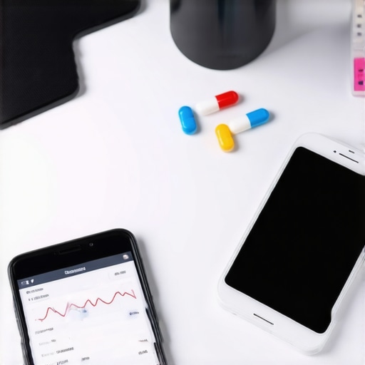 High-tech Weight Loss Tools Set Digital weight scale, a smartphone displaying health tracking app, and medication reminders on a table.