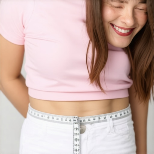Smiling person measuring waist after weight loss journey.