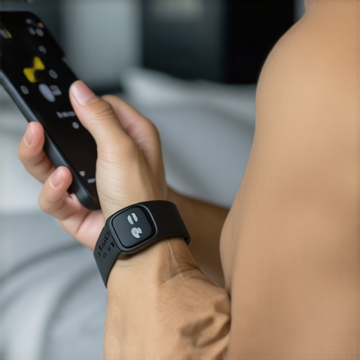 Monitoring Progress with Biosensors and Apps Person tracking health data on smartphone using wearable biosensor for long-term weight management.