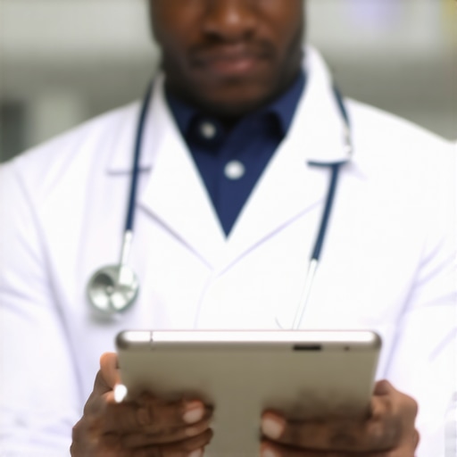 Doctor reviewing patient symptoms and medication plan on digital device.