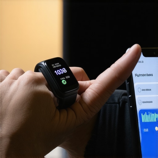 Close-up of a fitness tracker and smartphone showing health tracking data.