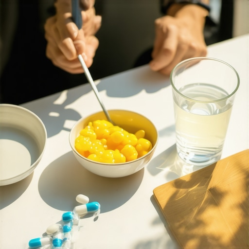 Morning Routine for Effective Weight Loss A person setting medication and preparing healthy breakfast on kitchen counter in morning sunlight