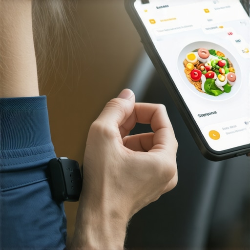 Person Using Wearable and App for Weight Management A person wearing a fitness tracker and logging nutrition data on a mobile app, representing tools for maintaining weight loss.