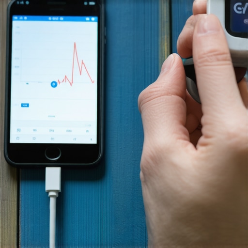 A close-up of a person testing blood glucose with a monitor and logging data on a smartphone.