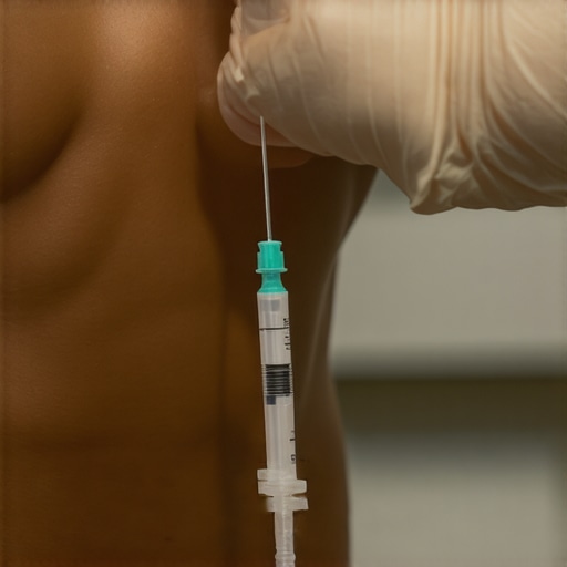 Person disinfecting skin with alcohol swab before subcutaneous injection