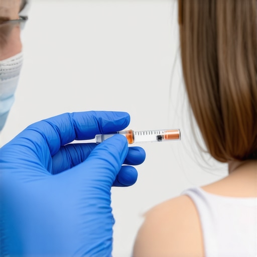 A doctor demonstrating proper injection method to a patient.