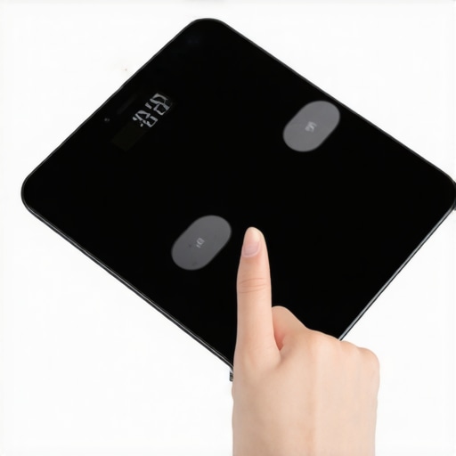 Individual checking body composition on digital scale with smartphone in a home gym