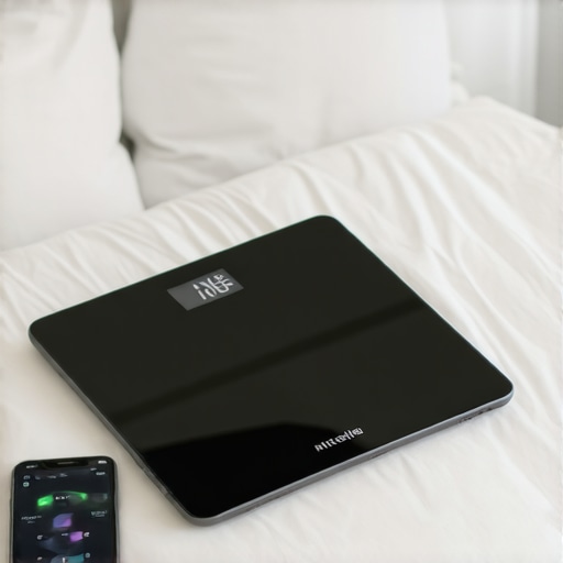 Smart scale and health app for weight management Person standing on a Bluetooth-enabled smart scale with a smartphone showing health data