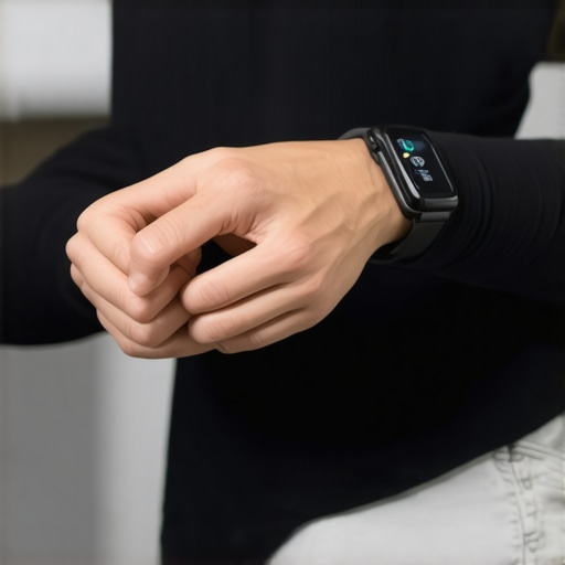 Smartwatch and Health App for Personal Weight Loss Monitoring A close-up of a person's wrist with a smartwatch displaying health data, alongside a smartphone app for weight management.