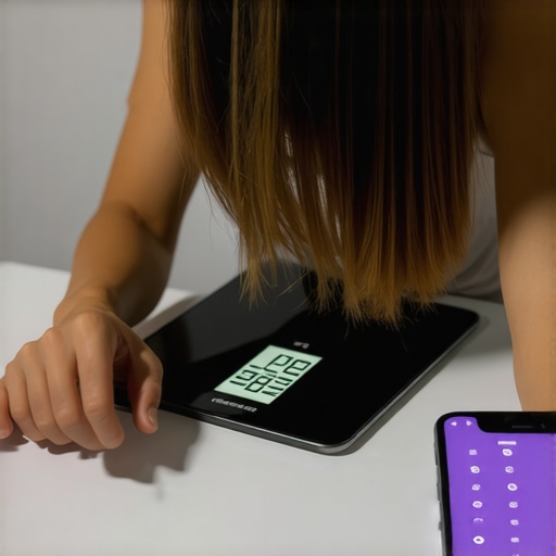 Tech Tools for Lasting Weight Loss Success Person measuring body composition with digital scale and app, illustrating tech-based weight management tools.