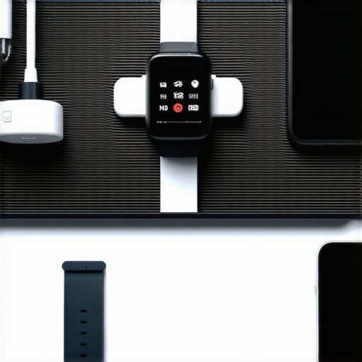 Various digital health devices like a fitness tracker, smartphone app, and smart scale in a modern setting.