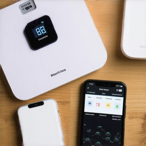 Smartphone app displaying health metrics, Bluetooth scale, and gut microbiome test kit on a bathroom counter.
