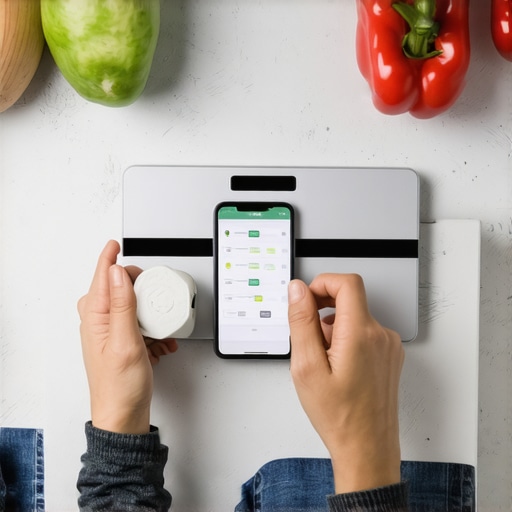 A person measuring food with a digital scale and reviewing weight loss progress on a smartphone app