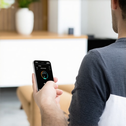 Person checking fitness tracker and smartphone in a living room