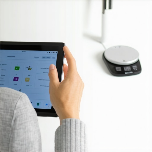 Person tracking diet and weight with a tablet and digital scale in a contemporary kitchen.