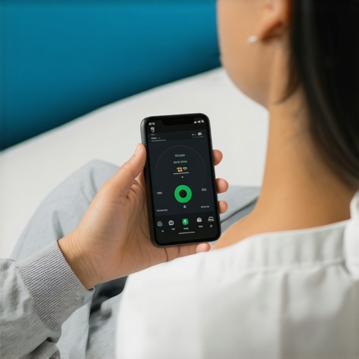 Person measuring weight with a digital scale and checking progress on a smartphone app with a healthcare provider in the background.