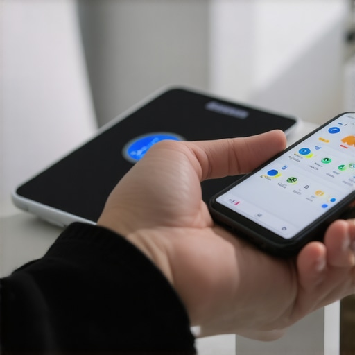 Person weighing themselves with a smart scale connected to a smartphone app