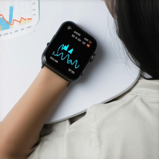 Person checking weight with a Bluetooth scale and smartwatch displaying health data.