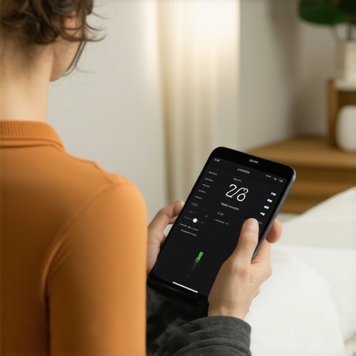 Person analyzing weight and body composition data on a smartphone after weighing themselves with a digital scale