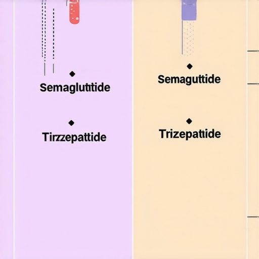 Visual comparison diagram of semaglutide and tirzepatide highlighting differences in mechanisms and efficacy