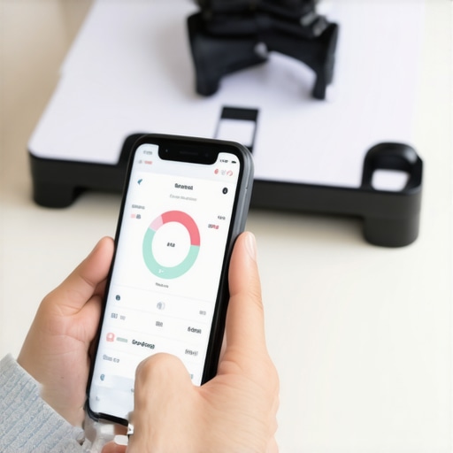 Person tracking body composition data on smartphone with weight loss app and scale on table.