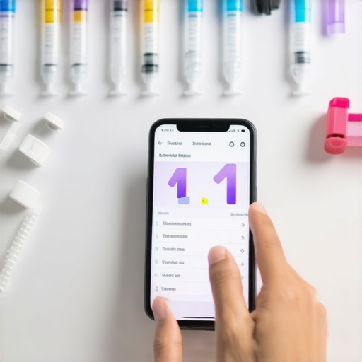 Person recording fitness and diet progress on smartphone app with weight loss medication nearby.
